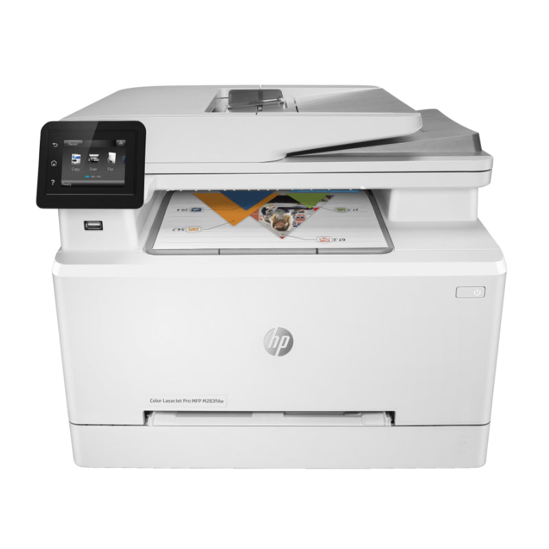 HP Color LaserJet Pro MFP M283fdw – Front View
HP M283fdw Color Printer with Touchscreen Display
HP Color Laser Printer with ADF and Duplex Printing